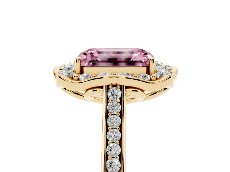 Emerald Cut Petal Tip Halo Engagement Ring Setting for a Fancy Pink Lab-Grown Diamond | Pavé Band | Yellow Gold