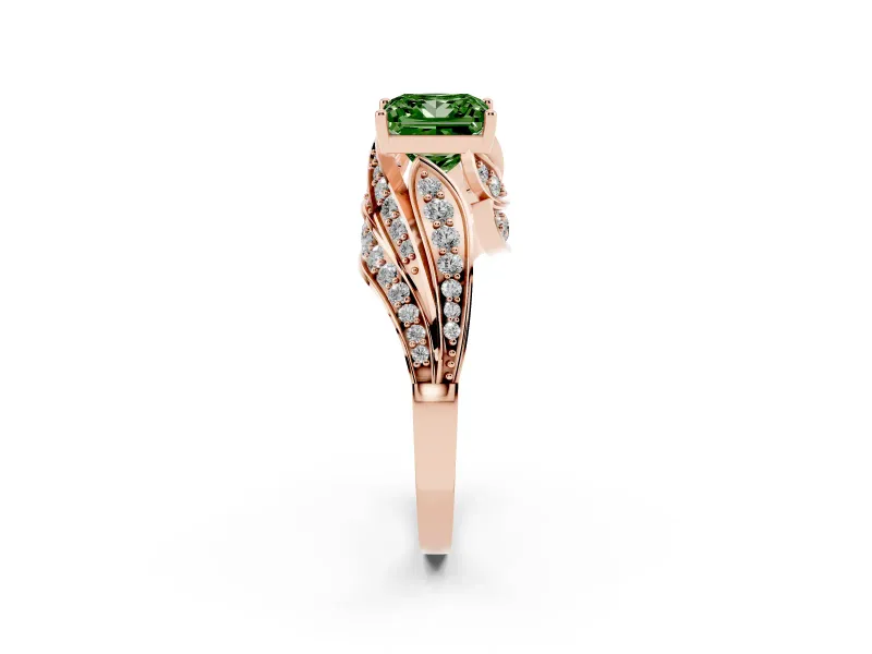 Fancy Green Princess Cut Diamond Solitaire Ring Set in Rose gold with Layered Twist Pavé Band