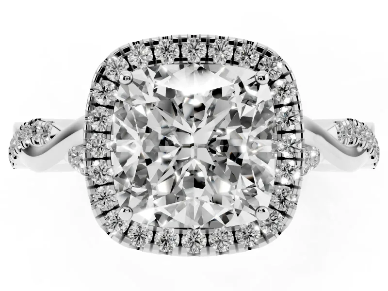 Cushion Cut Halo Engagement Ring Setting | Pavé Twist Band | White Gold