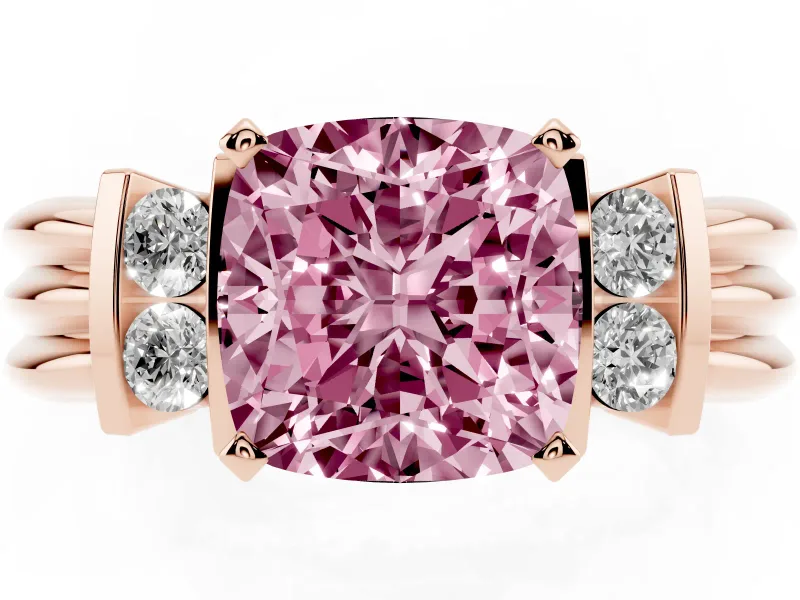 Fancy Pink Three-Stone Cushion Cut Diamond Channel Set Ring Set in Rose gold with Bar Prongs