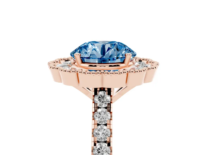 Fancy Blue Round Cut Diamond Milgrain Floral Halo Engagement Ring Set in Rose gold with Pavé Band
