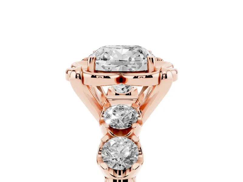 Cushion Cut Floral Engagement Ring Setting | Petal Frame and Side Stones | Rose Gold