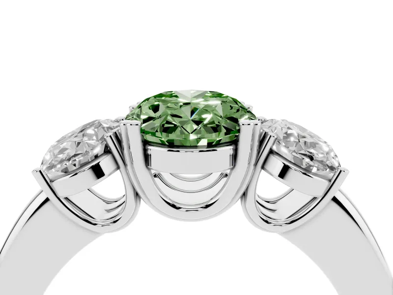 Fancy Green Oval Cut Diamond Three-Stone Ring Set in Silver with Polished Band and Prong Setting