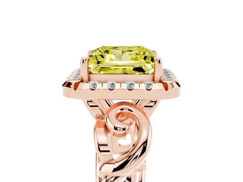 Fancy Yellow Princess Cut Diamond Halo Ring Set in Rose gold with Scrollwork Band and Prong Setting