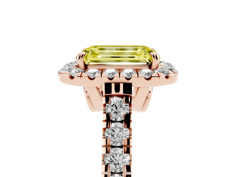 Emerald Cut Accented Halo Engagement Ring Setting for a Fancy Yellow Lab-Grown Diamond | Rose Gold