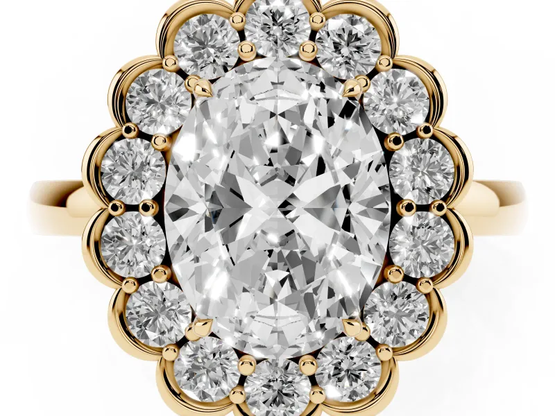 Oval Scalloped Cluster Halo Engagement Ring Setting | Plain Band | Yellow Gold