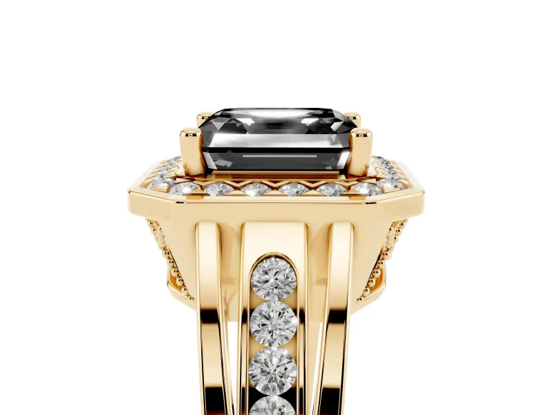 Asscher Cut Halo Engagement Ring Setting for a Black Center | Channel-Set Split Shank | Yellow Gold
