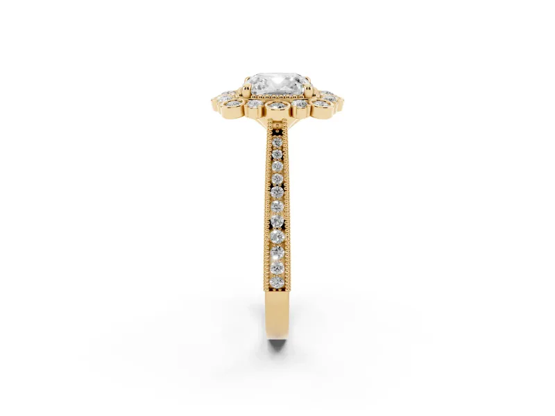 Cushion Cut Diamond Halo Milgrain Pavé Ring Set in Yellow gold with Prong Setting