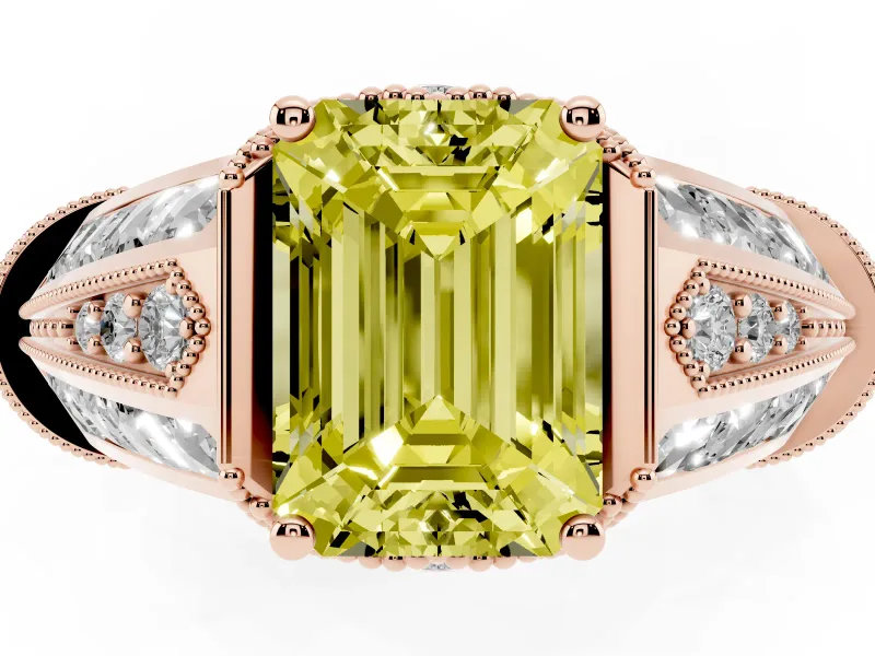 Fancy Yellow Emerald Cut Diamond Vintage-Inspired Milgrain Ring Set in Rose gold with Accent Split Shank