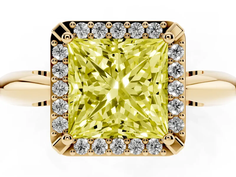 Princess Cut Halo Engagement Ring Setting for a Fancy Yellow Lab-Grown Diamond | Plain Tapered Band | Yellow Gold