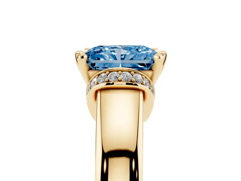 Radiant Cut Pavé Collar Engagement Ring Setting for a Fancy Blue Lab-Grown Diamond | Yellow Gold