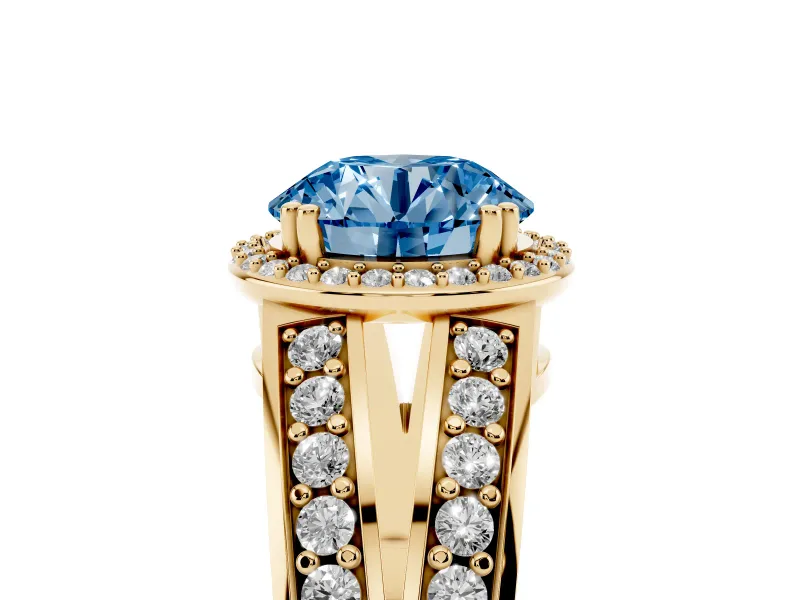 Round Halo Engagement Ring Setting for a Fancy Blue Lab-Grown Diamond | Split Shank | Yellow Gold