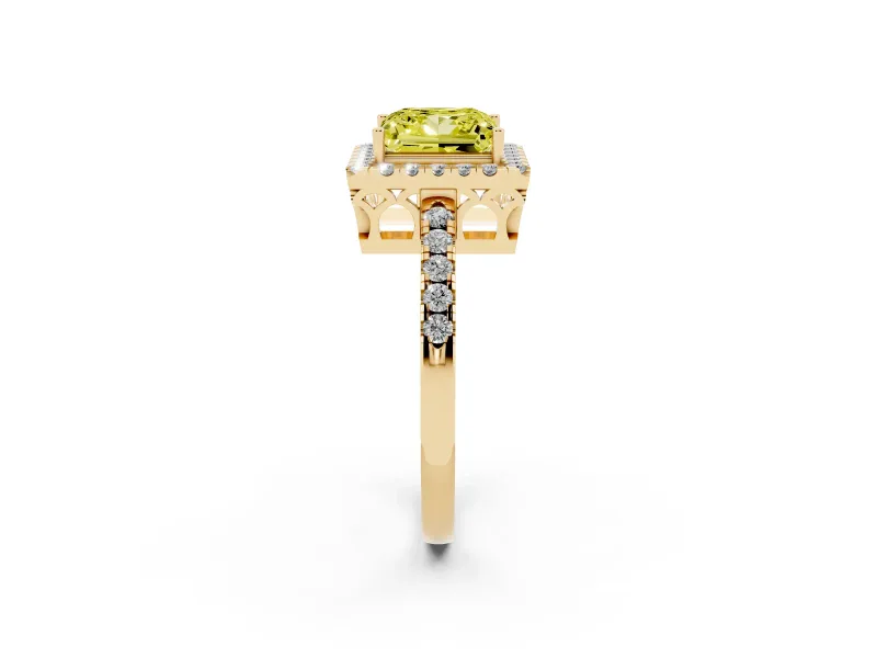 Fancy Yellow Princess Cut Diamond Pavé Band Halo Engagement Ring Set in Yellow gold with Prong Setting