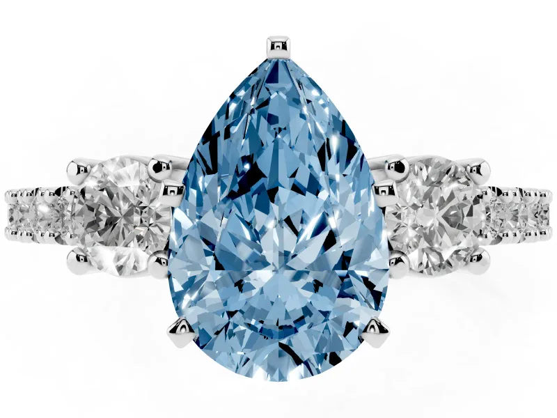Pear-Shaped Three Stone Pavé Engagement Ring Setting for a Fancy Blue Lab-Grown Diamond | Round Side Stones | Platinum