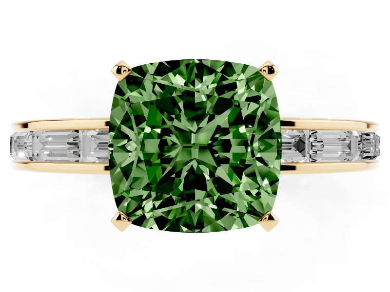 Fancy Green Cushion Cut Diamond Solitaire Ring Set in Yellow gold with Channel-Set Baguette Band and Prong Setting