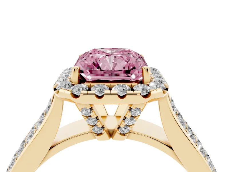 Radiant Cut Pavé Engagement Ring Setting for a Fancy Pink Lab-Grown Diamond | Wide Three-Row Band | Yellow Gold