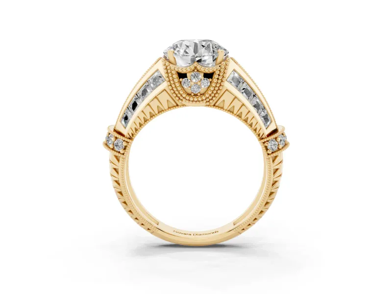 Round Cut Diamond Vintage-Inspired Milgrain Ring Set in Yellow gold with Accent Split Shank