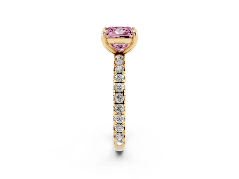 Fancy Pink Princess Cut Diamond Pavé Solitaire Ring Set in Yellow gold with Round Band and Prong Setting