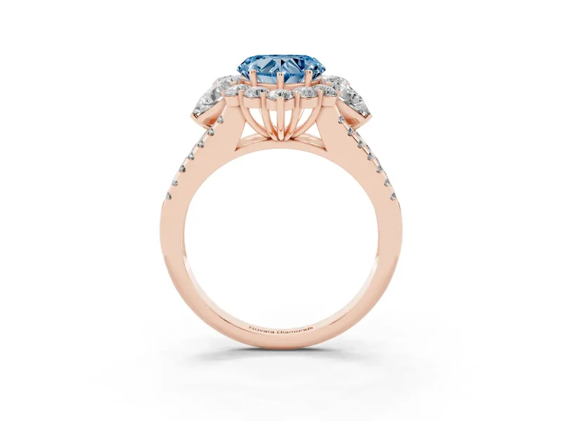 Fancy Blue Heart Cut Diamond Halo Split Shank Engagement Ring Set in Rose gold with Prong-Held Center Stone