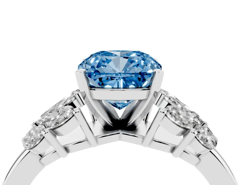 Fancy Blue Cushion Cut Diamond Cluster Leaf Design Ring Set in White gold with Prong Setting
