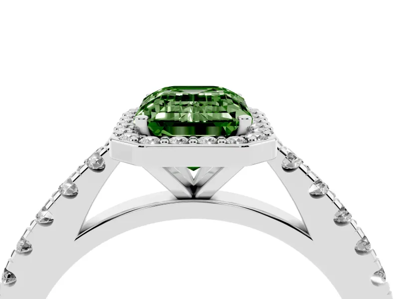 Emerald Cut Halo Pavé Engagement Ring Setting for a Fancy Green Lab-Grown Diamond | Platinum