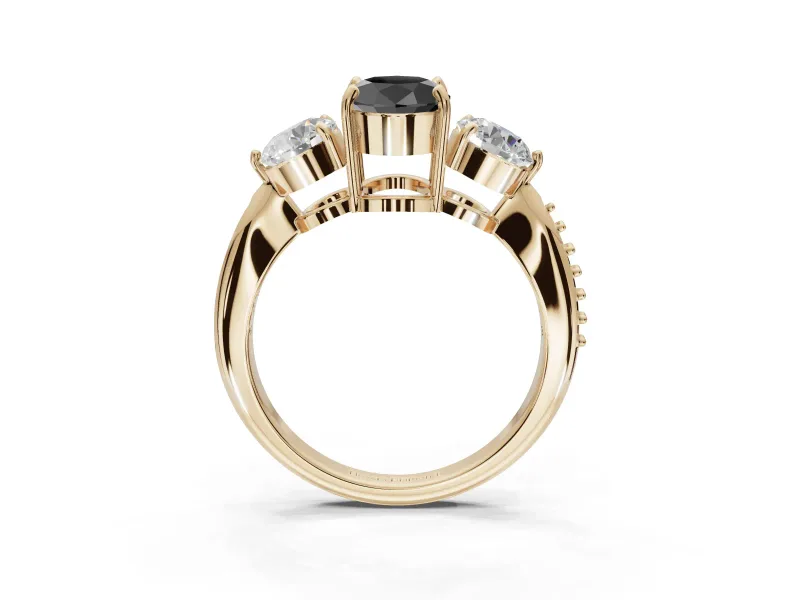 Fancy Black Oval Lab-Grown Diamond Three-Stone Ring Set in Yellow Gold with Channel-Set Band and Prong Setting