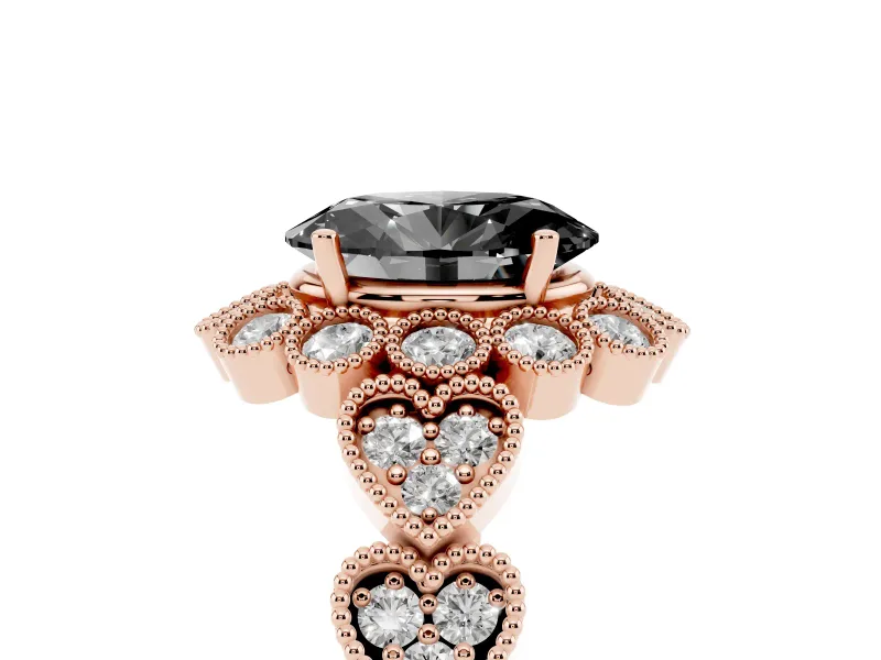 Oval Scalloped Halo Engagement Ring Setting for a Black Center | Heart Pavé Band | Rose Gold