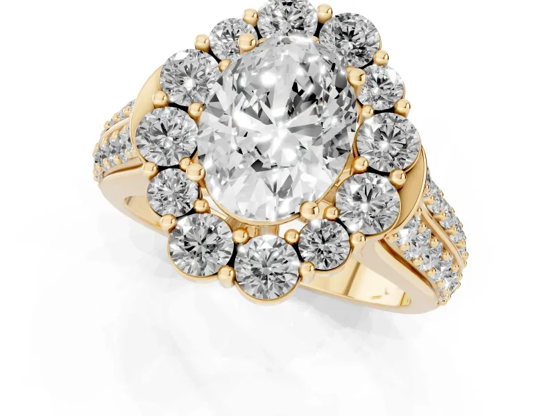 Oval Cut Diamond Halo Engagement Ring Set in Yellow gold with Split Shank and Prong Setting