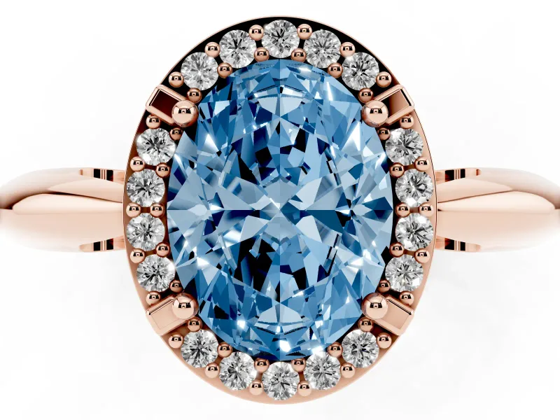 Fancy Blue Oval Cut Diamond Halo Engagement Ring Set in Rose gold with Plain Split Shank and Prong Setting