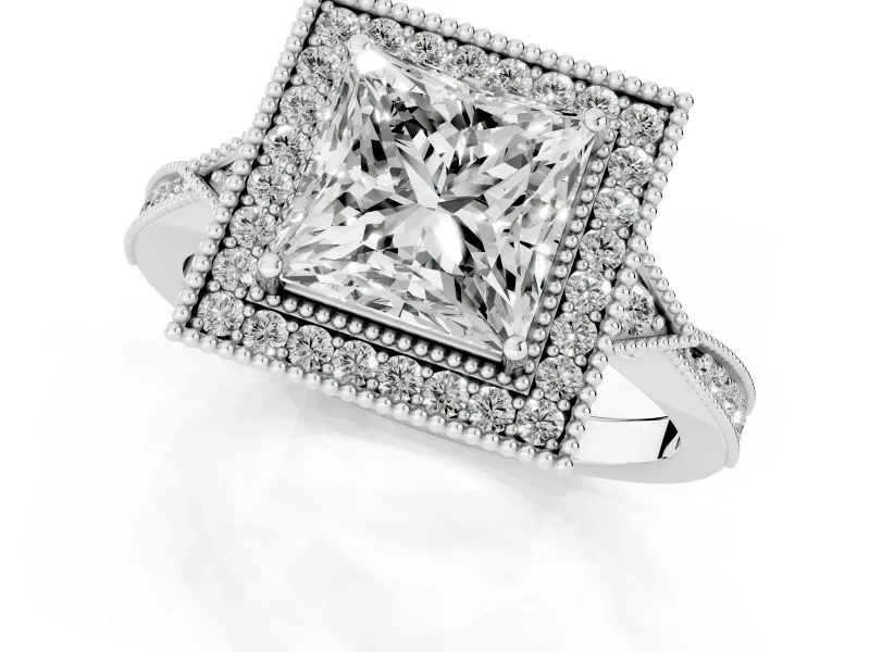 Princess Cut Diamond Halo Engagement Ring Set in Platinum with Milgrain Pavé Band