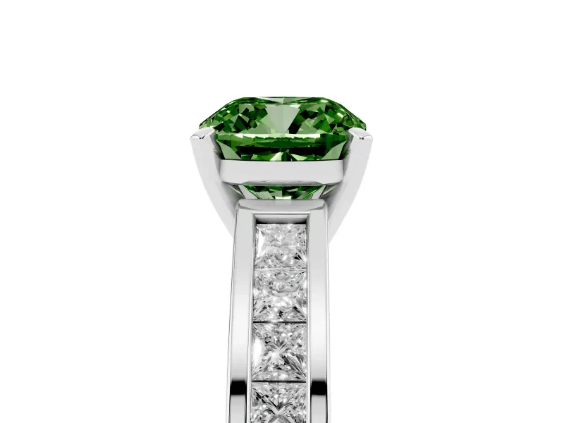 Fancy Green Cushion Cut Diamond Solitaire Ring Set in White gold with Channel-Set Band and Prong Setting