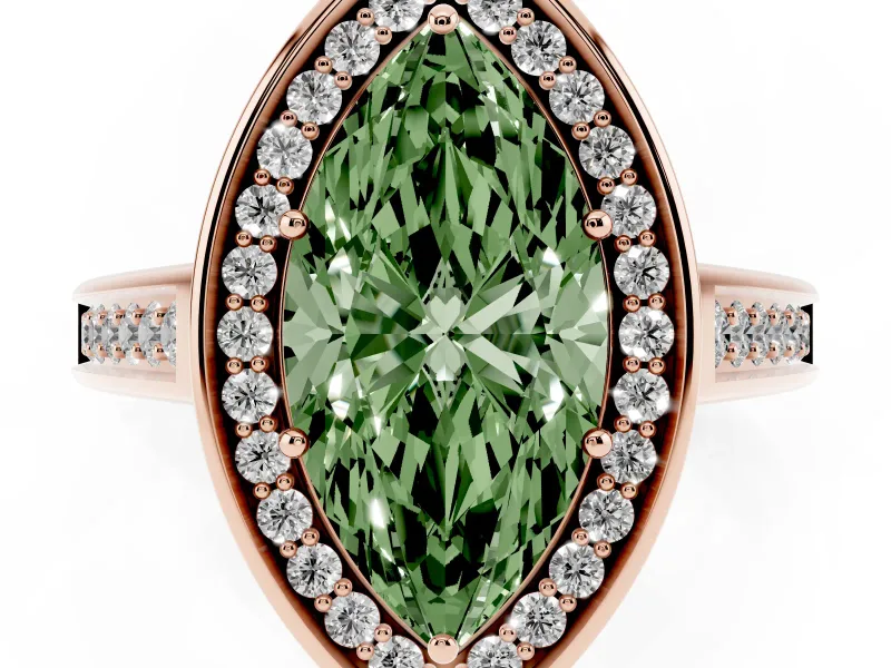 Fancy Green Marquise Cut Diamond Halo Solitaire Ring Set in Rose gold with Pavé Band and Bezel Setting