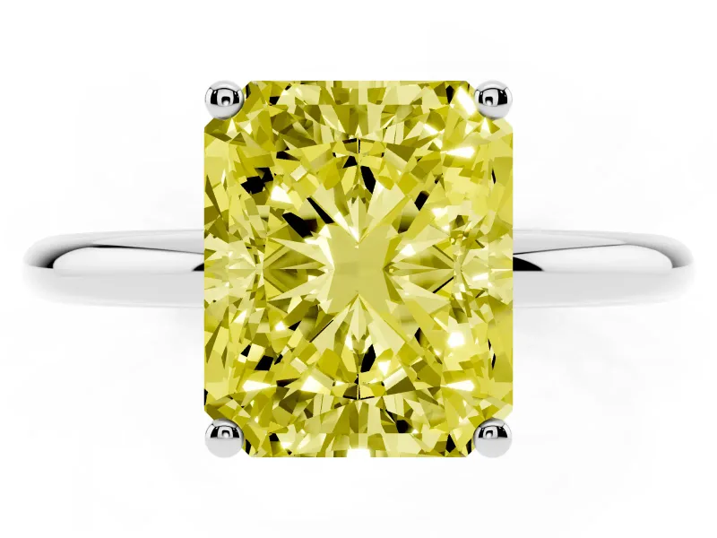 Fancy Yellow Radiant Cut Diamond Solitaire Engagement Ring Set in Silver with Prong Setting and Polished Band