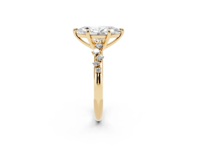 Marquise Cut Diamond Solitaire Vine Band Ring Set in Yellow gold with Round Accents and Prong Setting