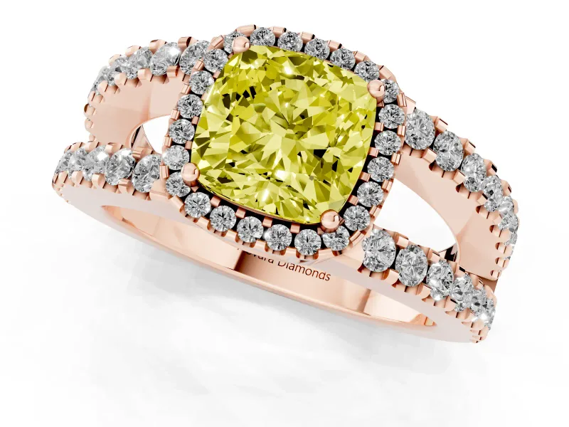 Cushion Cut Halo Engagement Ring Setting for a Fancy Yellow Lab-Grown Diamond | Rose Gold