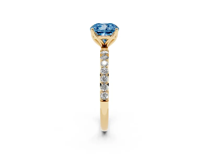Cushion Cut Pave Solitaire Engagement Ring Setting for a Fancy Blue Lab-Grown Diamond | Slim Band | Yellow Gold