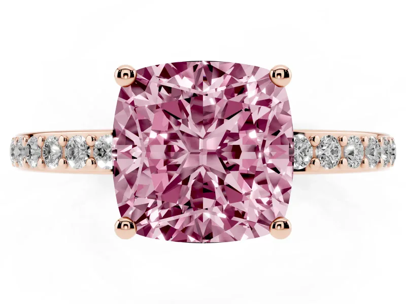 Fancy Pink Cushion Cut Diamond Pavé Band Ring Set in Rose gold with Prong-Set Center Stone