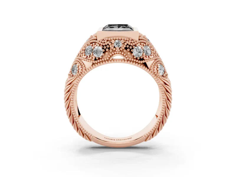 Fancy Black Princess Cut Diamond Bezel Ring Set in Rose gold with Milgrain Accent Band