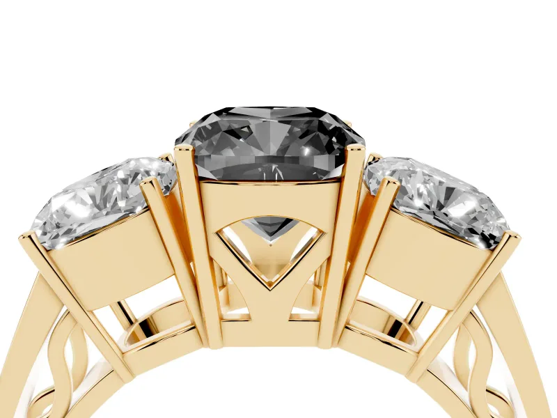 Cushion Cut Three Stone Engagement Ring Setting for a Black Center | Beaded Shoulders | Yellow Gold