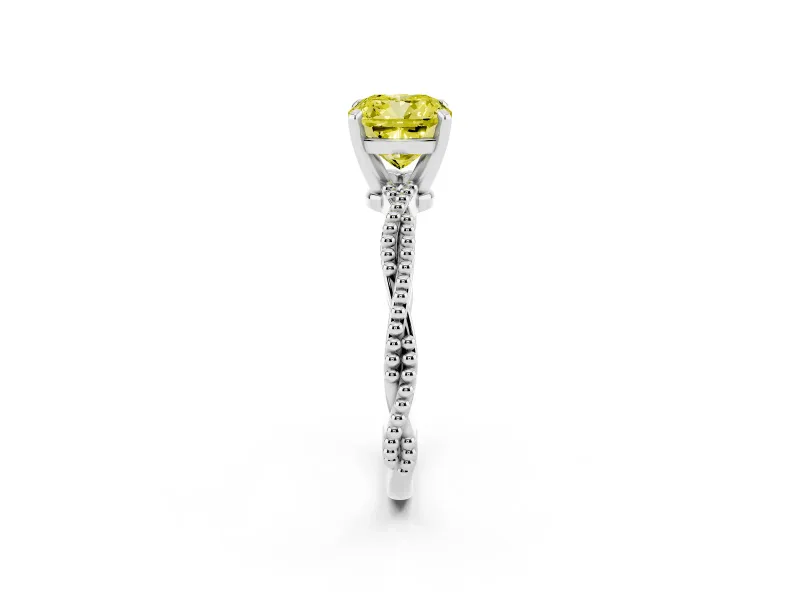 Fancy Yellow Cushion Cut Diamond Solitaire Ring Set in Platinum with Twisted Band and Bead Prong Setting
