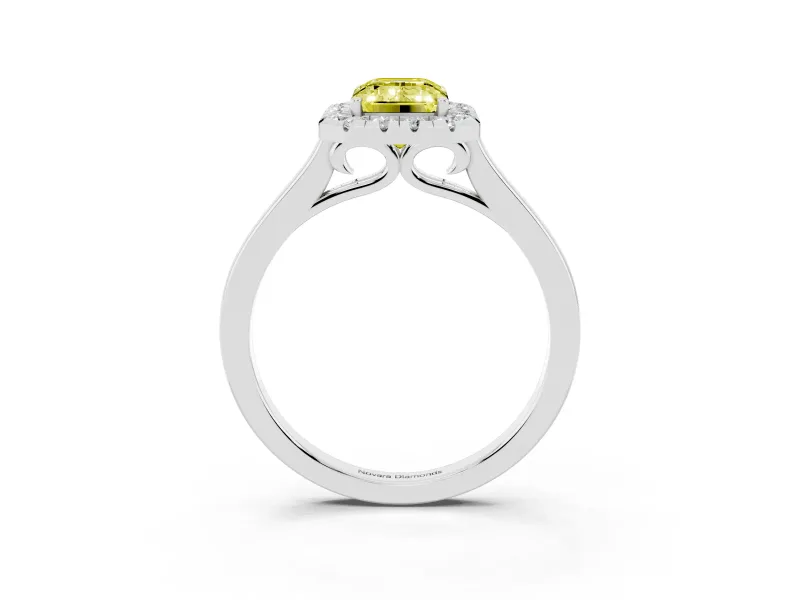 Fancy Yellow Emerald Cut Halo Round Diamond Solitaire Ring Set in White gold with Pavé Band and Prong Setting