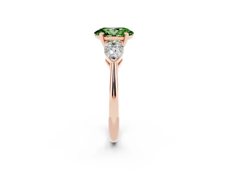 Oval Three-Stone Ring Setting for a Fancy Green Lab-Grown Diamond | Pear Side Stones | Rose Gold