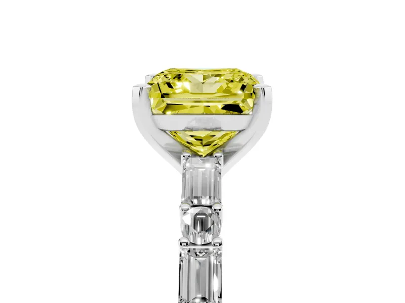 Fancy Yellow Princess Cut Diamond Solitaire Set in Silver with Side Baguettes and Channel Set Band