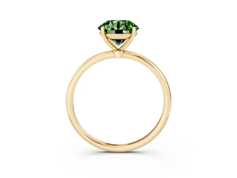Fancy Green Round Cut Diamond Solitaire Engagement Ring Set in Yellow gold with Thin Band and Prong Setting