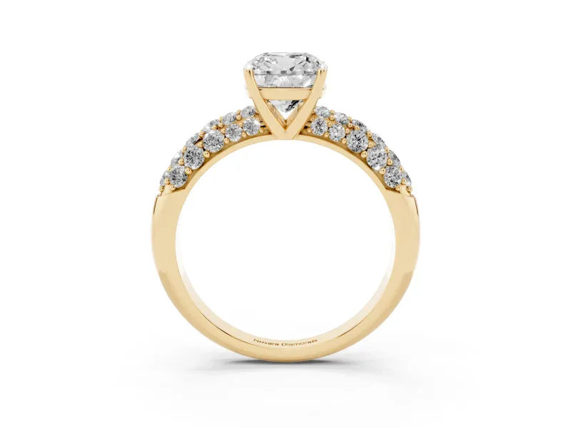 Cushion Cut Multi Row Pave Solitaire Engagement Ring Setting | Domed Shoulders | Yellow Gold