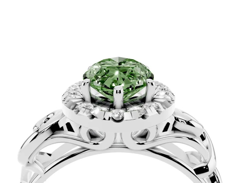 Fancy Green Marquise Cut Diamond Halo Ring Set in Silver with Scrollwork Band and Prong Setting