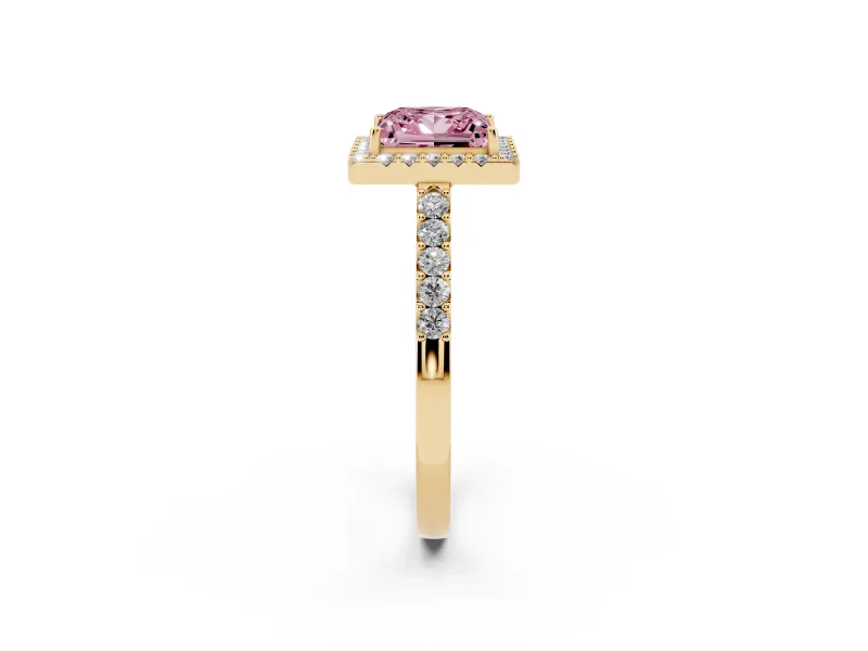 Fancy Pink Princess Cut Diamond Halo Pavé Solitaire Ring Set in Yellow gold with Prong-Set Center Stone