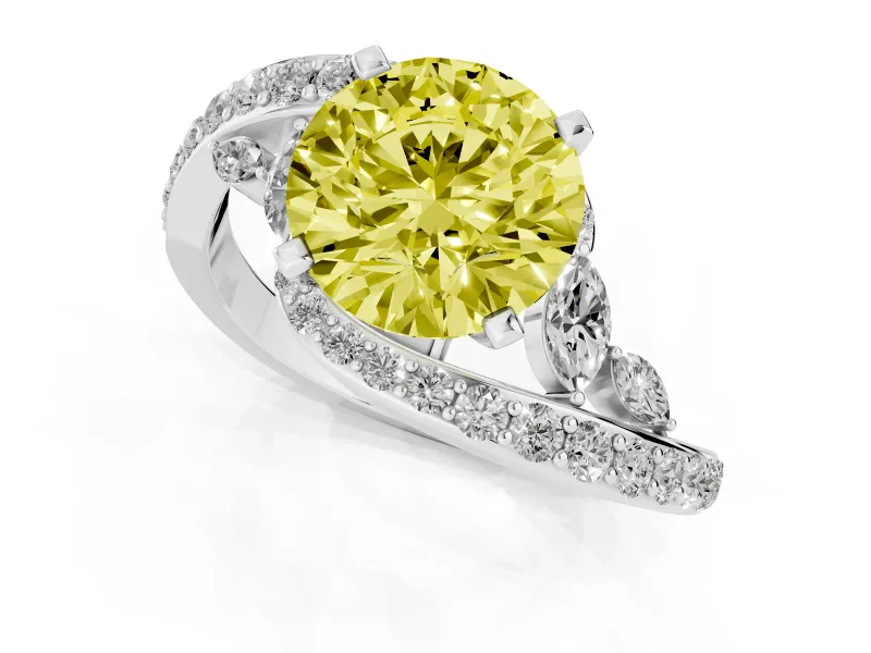 Fancy Yellow Round Cut Diamond Solitaire Ring Set in Platinum with Pavé Twist Band and Secure Prong Setting