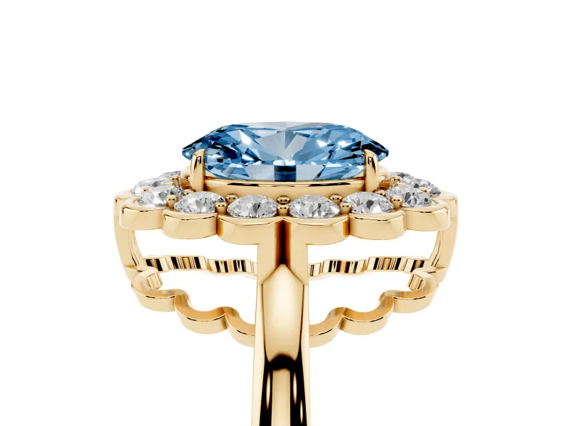 Oval Scalloped Cluster Halo Engagement Ring Setting for a Fancy Blue Lab-Grown Diamond | Plain Band | Yellow Gold