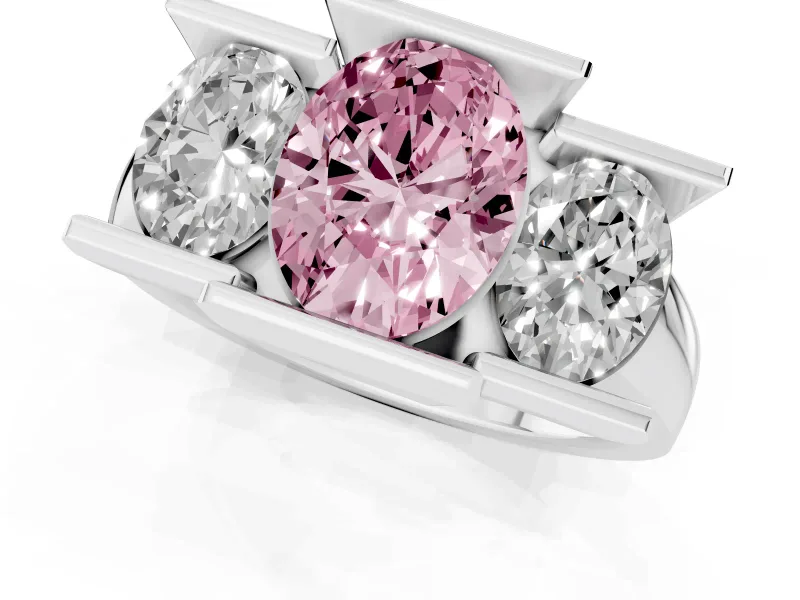 Fancy Pink Oval Cut Diamond Three-Stone Channel Set Ring Set in White gold with Smooth Polished Band
